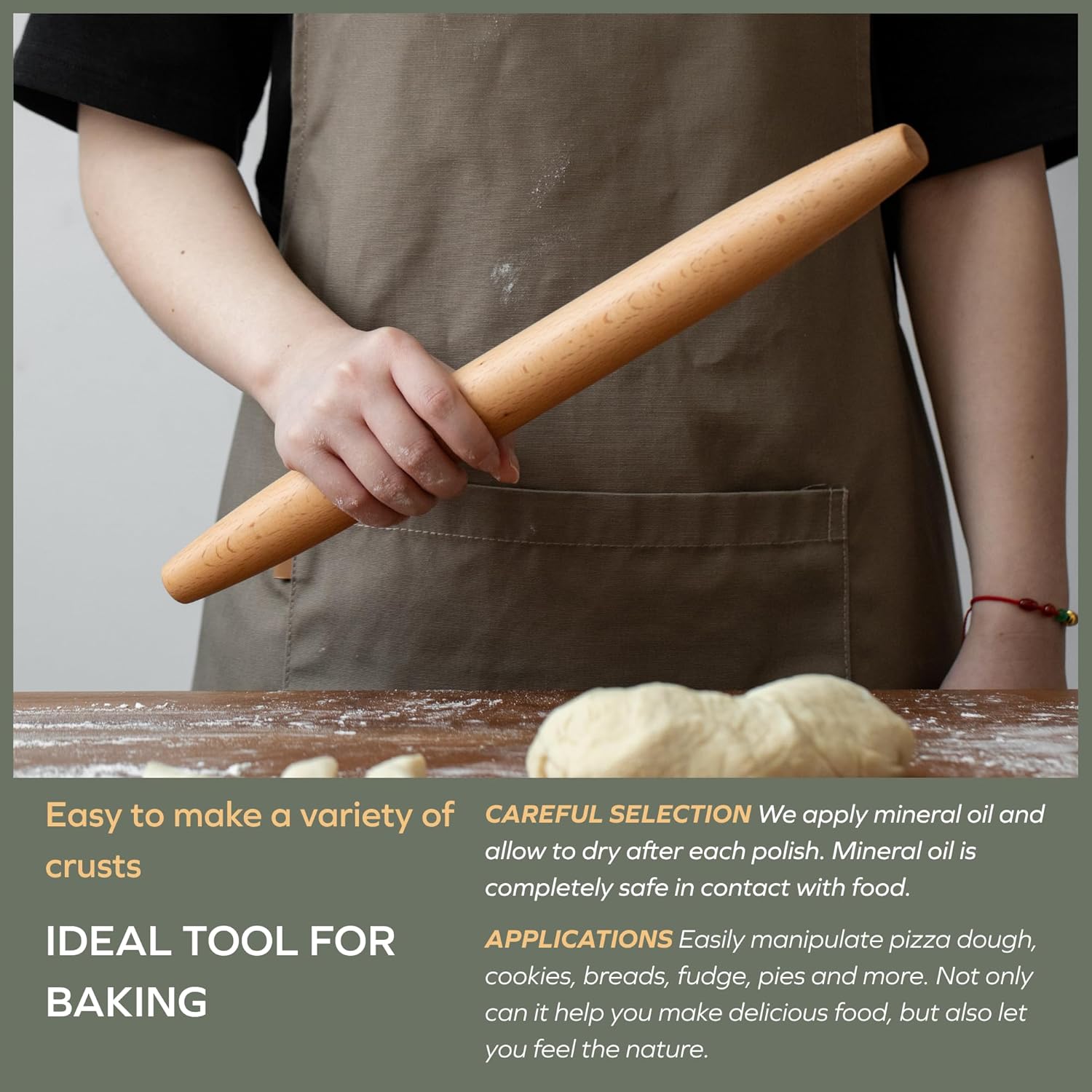 Muso Wood French Rolling Pin - Beech Wood Tapered Design for Baking | 15.75-Inch for Pastry & Cookies