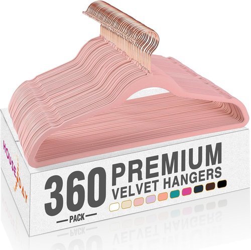 HOUSE DAY Pink Velvet Hangers - Premium Non-Slip Felt Clothes Hangers | 360° Swivel Rose Gold Hook, Space-Saving Design