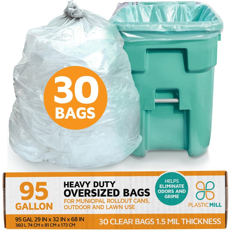 PlasticMill Heavy Duty Trash Bags - Clear Garbage Bags - Plastic Rubbish Sacs for Large Rolling Trash Bins - Tall Plastic Bags - 95-Gallon Large Kitchen Trash Bags, 1.5 Mil, 61"x68" (30-Count)