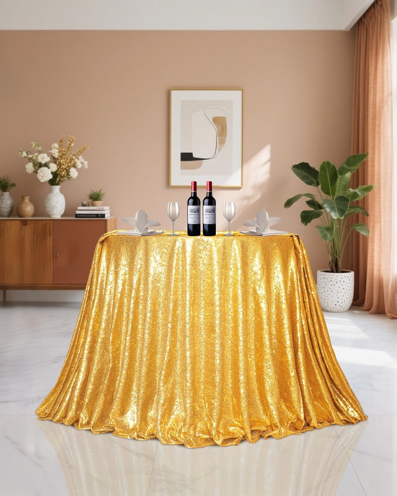 PartyDelight 120" Round Gold Sequin Tablecloth High-Density 3mm Stitched Sequins Floor-Length Shimmering Cover for 5ft/60 Circular Banquet Tables, Wedding Receptions