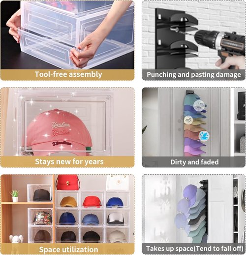 Attelite Hat Organizer - Stackable Baseball Cap Storage Box with Transparent Magnetic Door | Set of 6, Clear Black