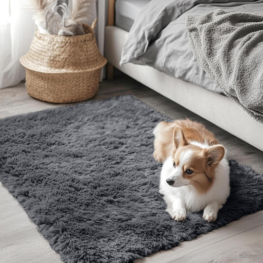 OLANLY Soft Fluffy Shaggy Bedside Rug - Machine Washable 2x3 for Bedroom & Nursery | Grey Home Decor