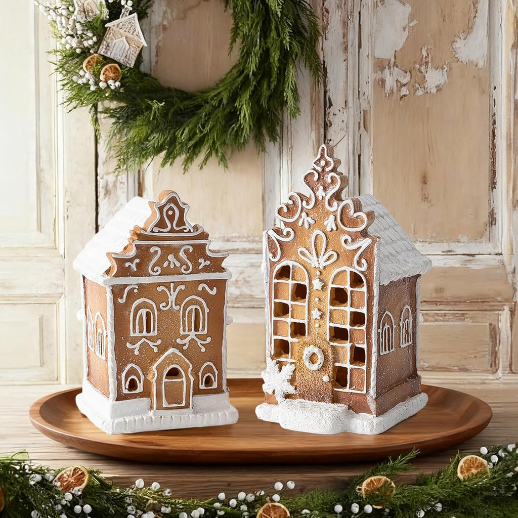 Skiennix Christmas Gingerbread Village House Figurines - Pre-Lit LED Decor | 2-Piece Set