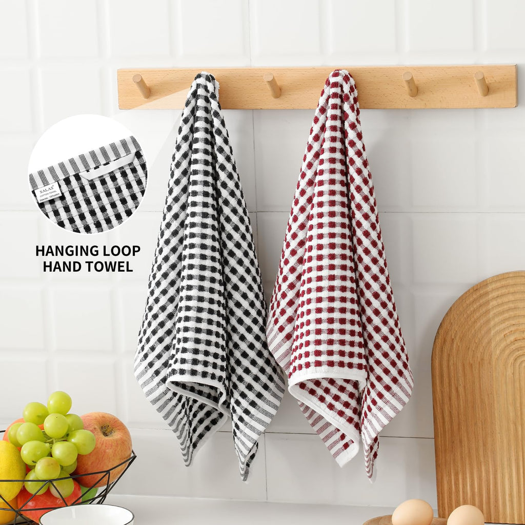 SALAS Cotton Dish Towels Cloths for Kitchen Drying Dishes, Lattice Terry Kitchen Towels, Absorbent Cloths with Hanging Loop, 16‘’ x 26‘’, 4 Packs, Wine Red and Black