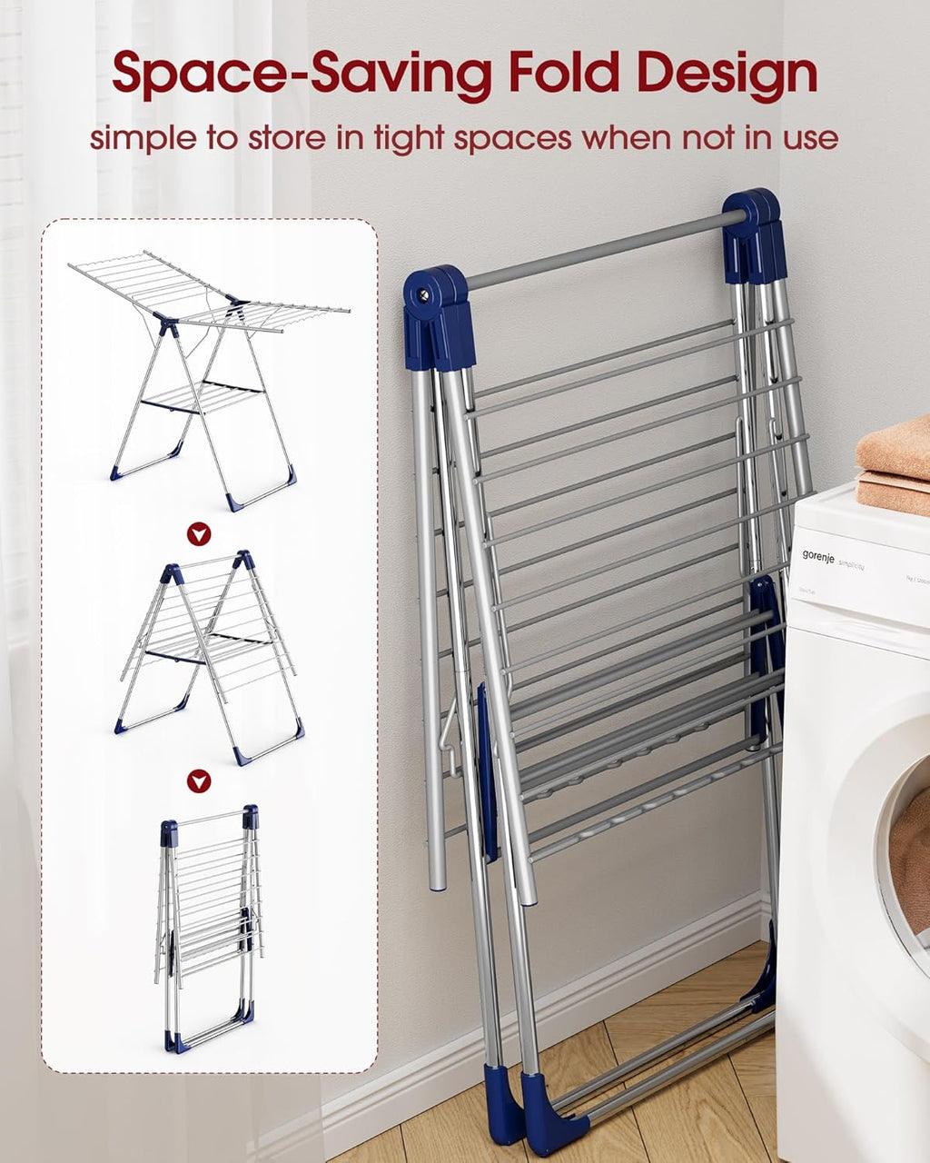 Sakugi Clothes Drying Rack - Height-Adjustable Metal Laundry Dryer Stand | Free-Standing & Collapsible, 55.5" L × 22.8" W, Silver Blue