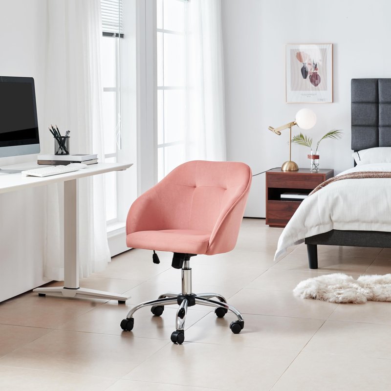 Yaheetech Pink Office Chair Small Cute Vanity Chair with Back Wheels Velvet Swivel Rolling Desk Computer Armchair for Bedroom Living Room