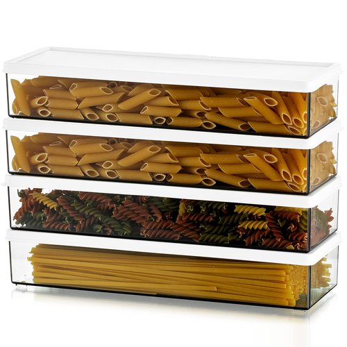 Hanobe Pasta Containers for Pantry Large Spaghetti & Noodle & Lasagna Canister 4 Pcs Clear Grey Rectangular Canister with Lock Lids Durable Plastic Food Keeper for Fridge Kitchen Cabinet