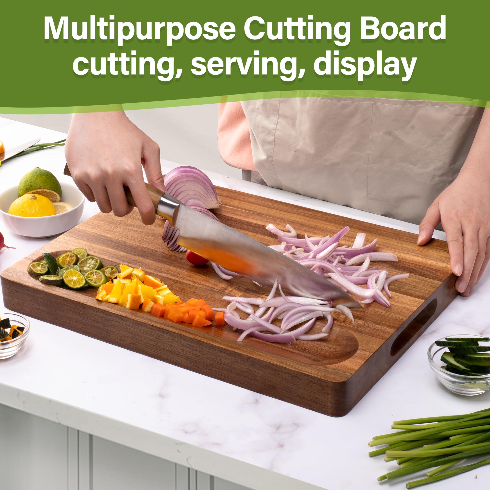 Acacia Wood Cutting Board for Kitchen, 1.5” Thick Chopping Board with Juice Groove, Sorting Compartment Charcuterie Board, 16x12x1.5 Inch Butcher Block