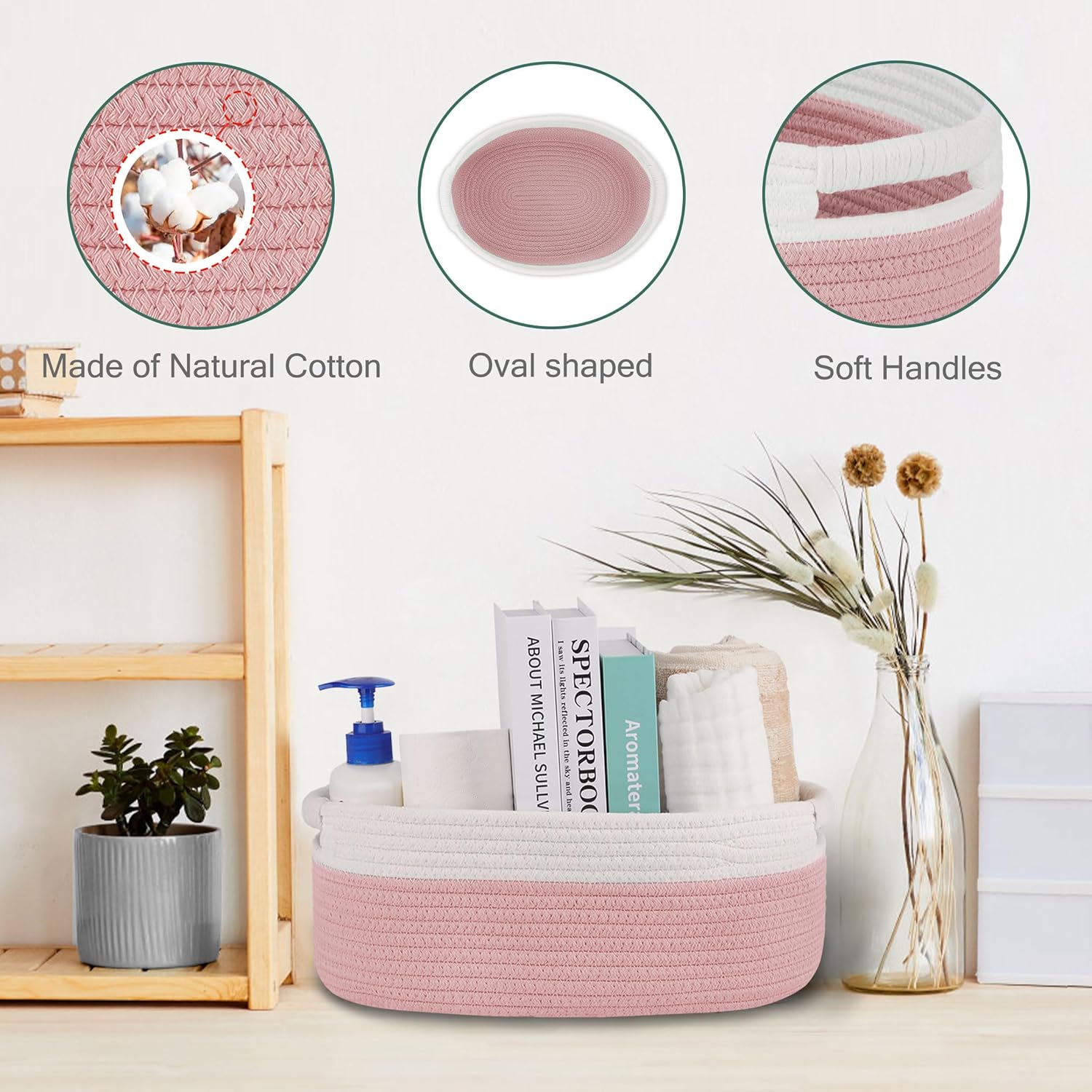 Skiennix Small Woven Basket - Versatile Gift Basket for Kids & Pets | Dusty Pink, 13” x 9” x 5.5”