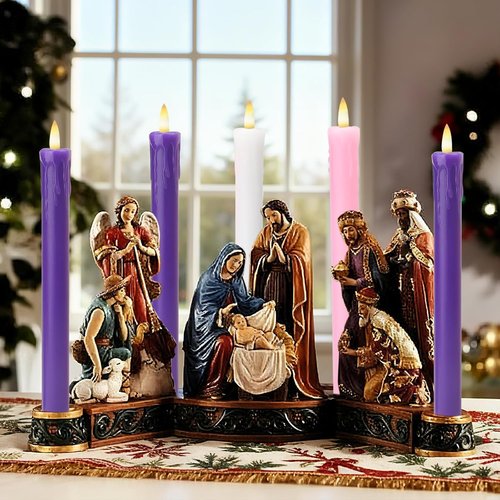 Lezonic Flameless Advent Candles - Battery Operated LED Taper Set of 5 for Christmas Decor | 3 Purple, 1 Pink, 1 White