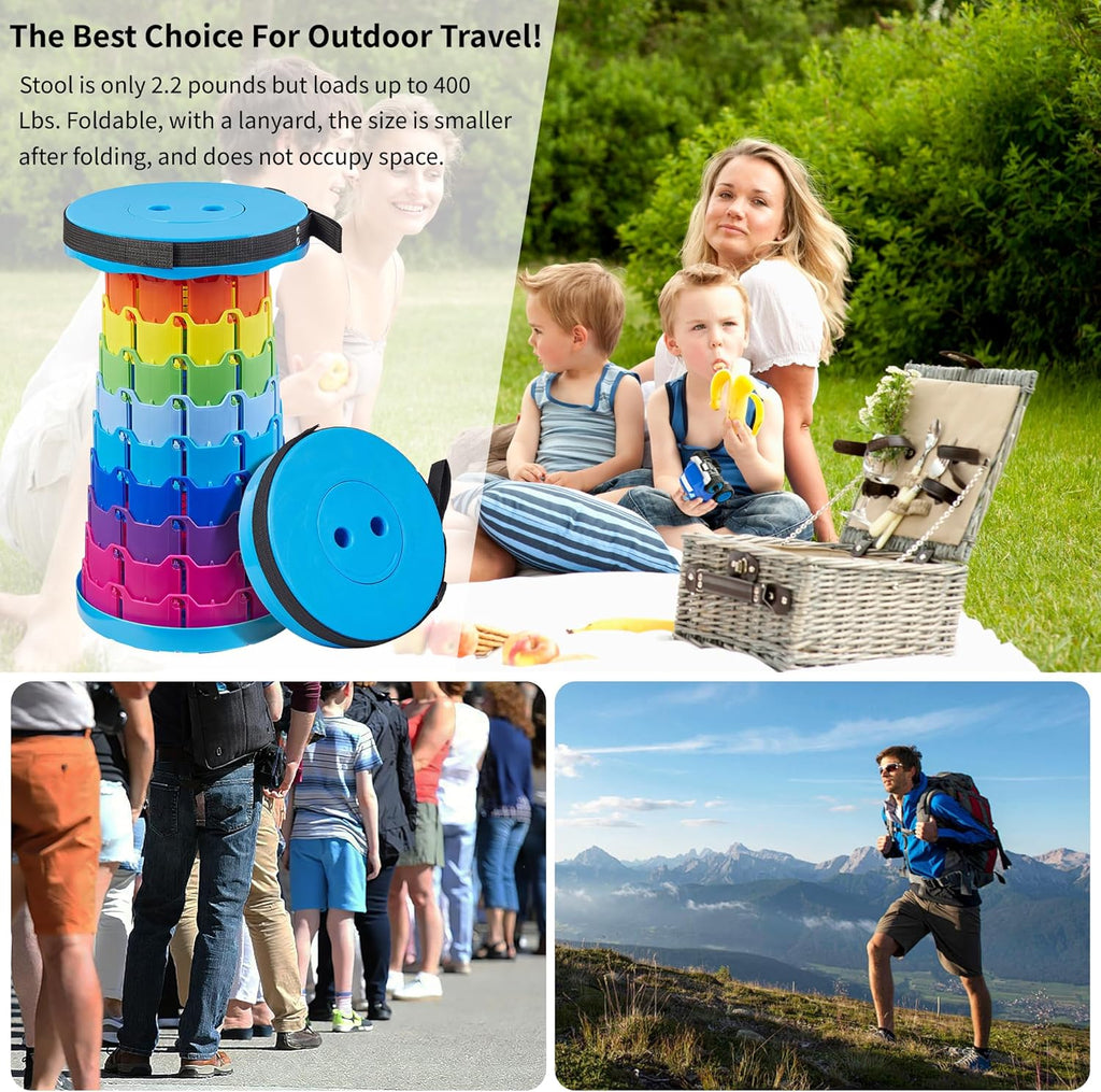 VECELO Telescoping Folding Stool - Upgraded Portable Retractable Design | 400lbs Capacity, Rainbow Blue