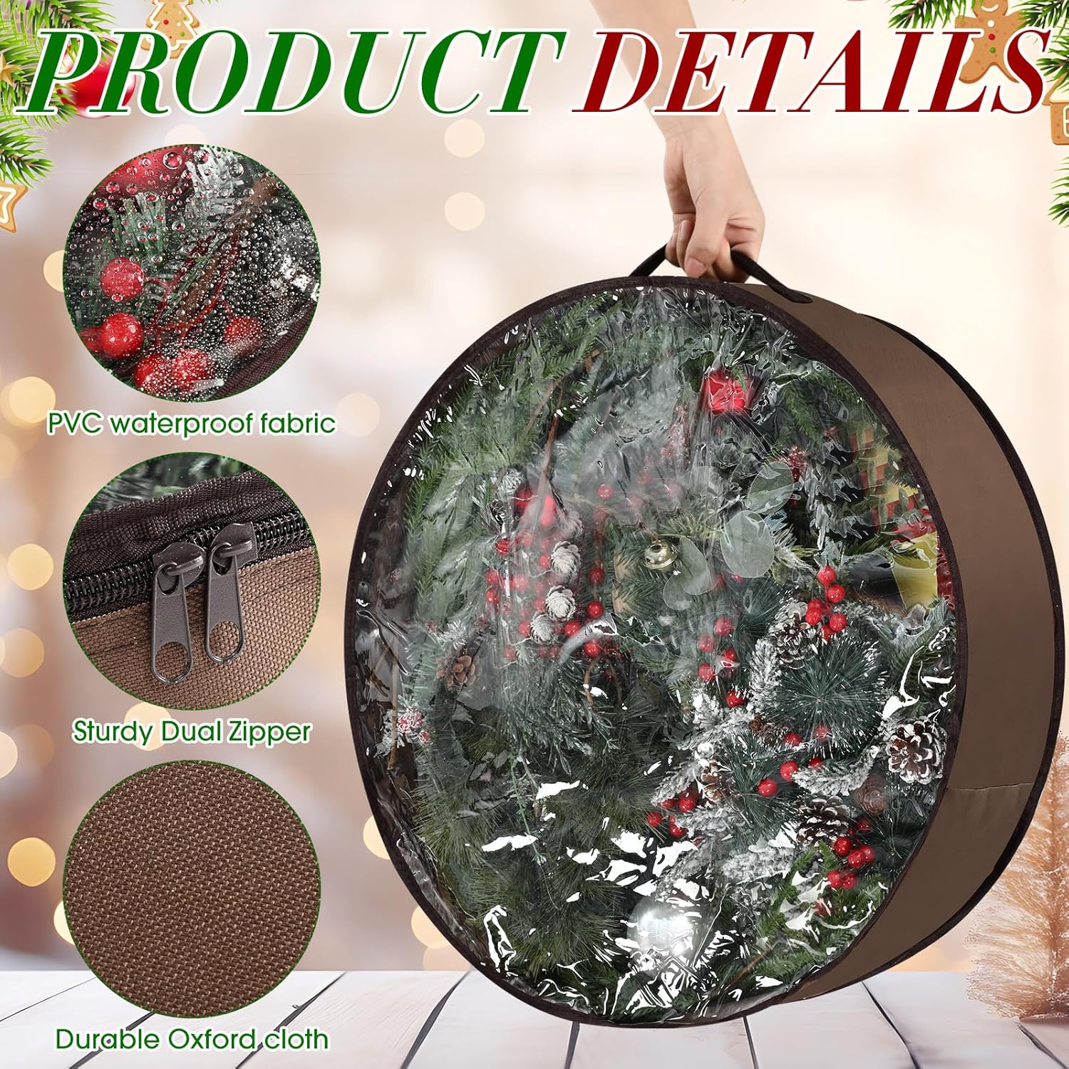 Regine Switzerland 36-Inch Wreath Storage Container - 4 Pack with Clear Window & Dual Zipper, Brown