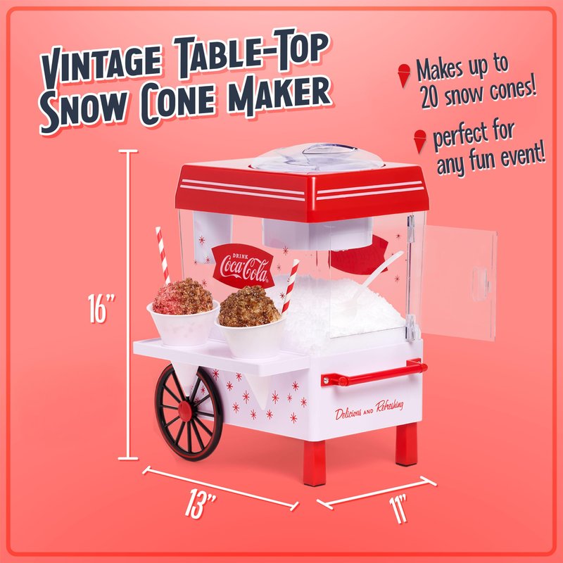 Nostalgia Coca-Cola Snow Cone Machine – Retro Table-Top Snow Cone Maker with Stainless Steel Blades – Slushie Machine Includes 2 Reusable Plastic Cups & Ice Scoop, Makes 20 Icy Treats - White & Red