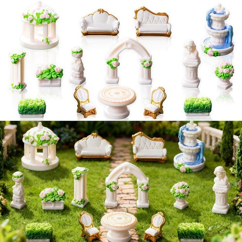 Exasinine Mini Garden Furniture Set - 15 Pcs Micro Resin Ornaments for DIY Fairy Garden Decor