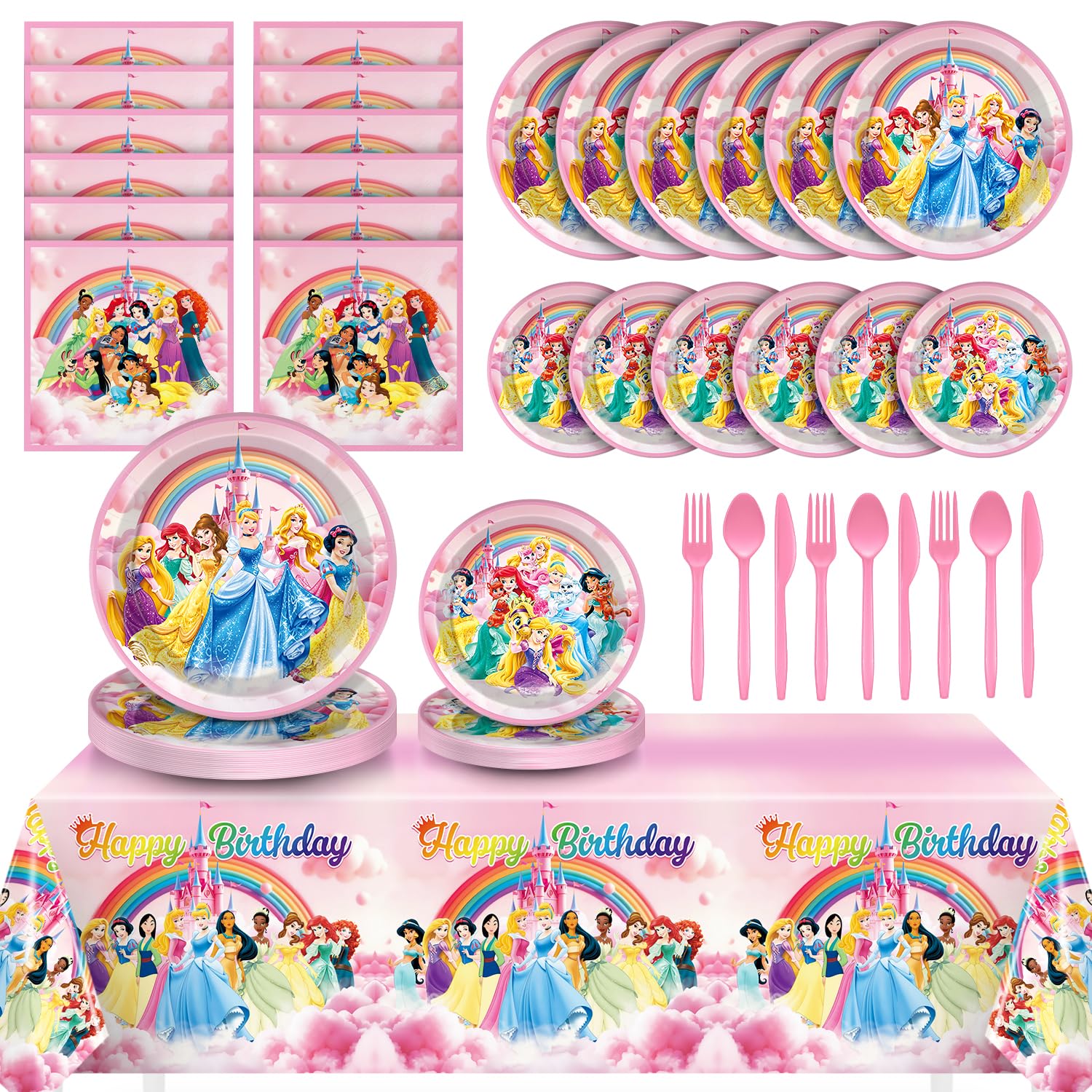 97 Pcs Princess Birthday Party Decorations, Princess Plates and Napkins Tableware for Party, Prin cess Decor Supplies Set for Girl Birthday Flower Fairytale Dinnerware Serve 16 Guests