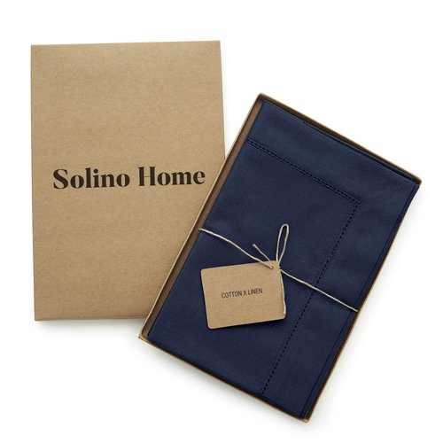 Solino Home Navy Blue Napkins Set of 6 - Cotton Linen Hemstitch Dinner Napkins Cloth 20 x 20 Inch for Winter, Spring, Easter - Handcrafted and Machine Washable