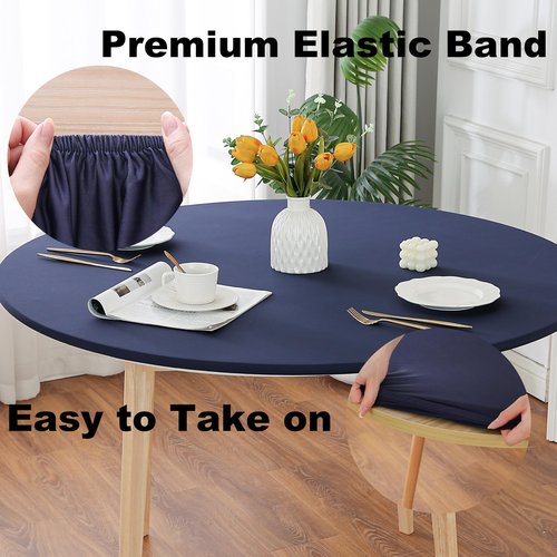 Limalred Fitted Spandex Round Tablecloth, Soft Skin Friendly Non Pilling Breathable Fabric Table Cover with Elastic Band for Dining Gathering Party Banquet Decoration 48 Inch Navy Blue