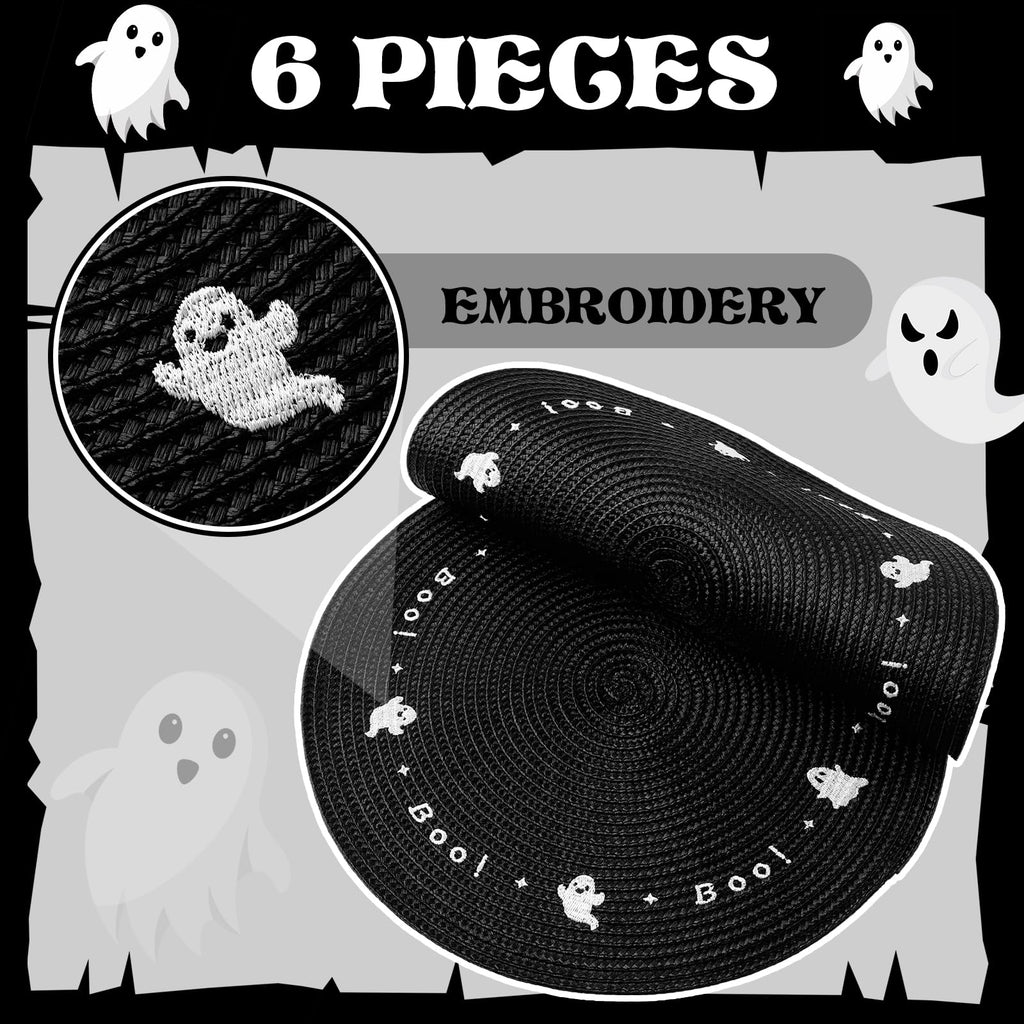 Tioncy 6 Pcs Plastic Halloween Placemats Round Embroidered Ghost Place Mats 13.5 Inch Black Spooky Ghosts Dinner Washable Table Mats Kitchen Dining Waterproof Placemats for Halloween Party Decoration