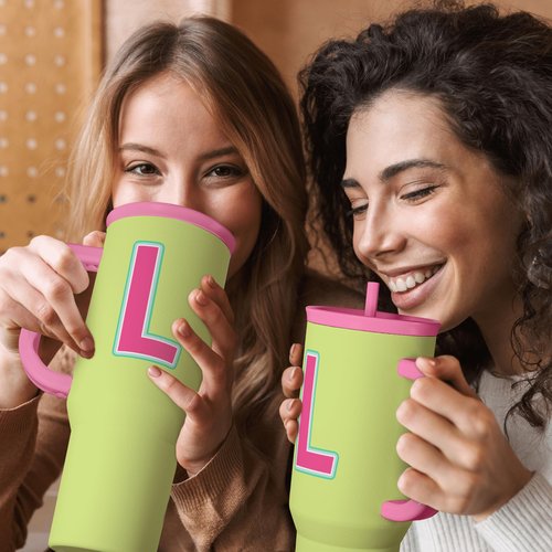 SANDJEST Monogrammed Tumbler with Handle 40oz, Letter L Tumblers Coffee Travel Cup with Straw, Personalized Monogram Initial Gifts for Women Girls, Customized Gifts for Christmas Birthday Mothers Day