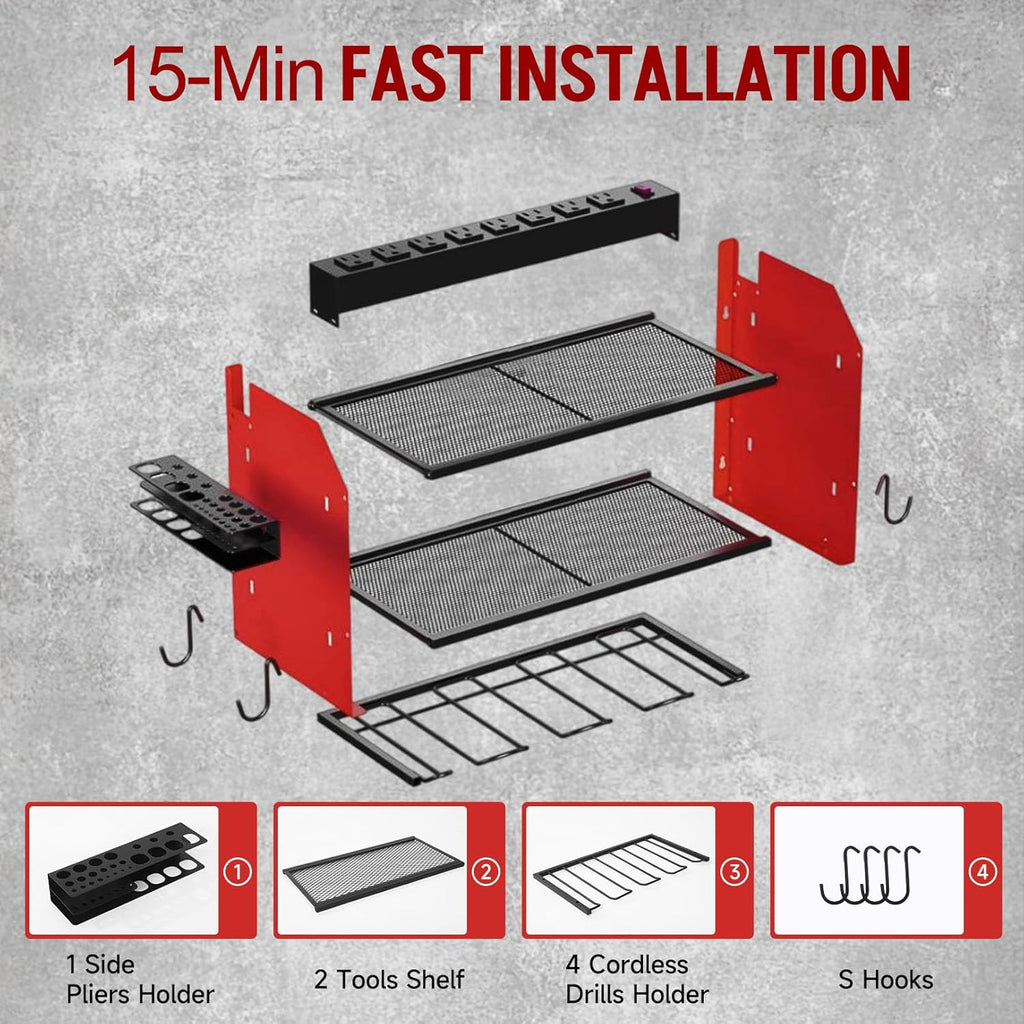 Power Tool Organizer - Heavy Duty Wall Mount Storage Rack with Charging Station & 4 Drill Holders | Ideal for Garage & Workshop
