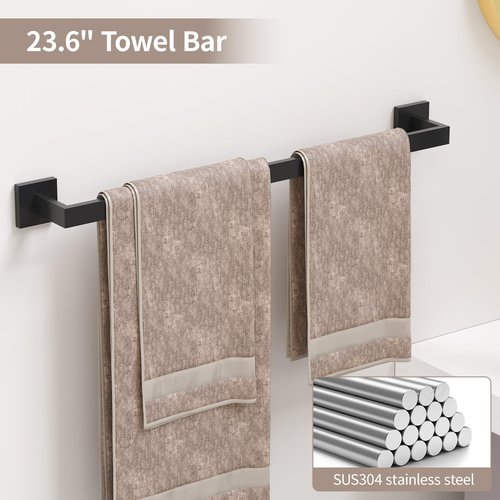 23.6 Inch SUS304 Stainless Steel Bathroom Hardware Set - 10-Piece Wall-Mounted Towel Bar, Holder & Racks - Matte Black