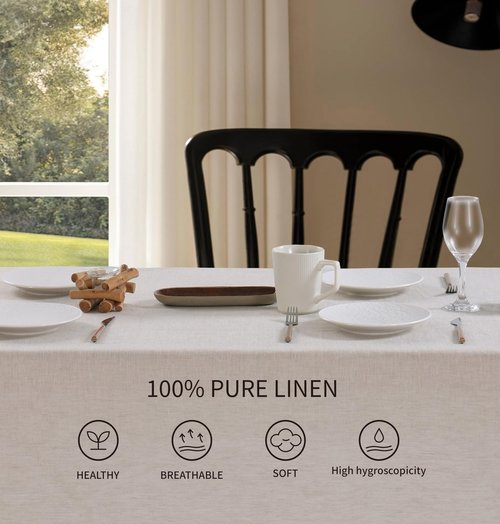 AORISSI 100% French Flax Linen Scalloped Embroidery Rectangle Tablecloths 108Lx60W Inch for Dinners, Parties, Spring, Machine Washable, 8-10 Sets, Linen(Edges-Gold)