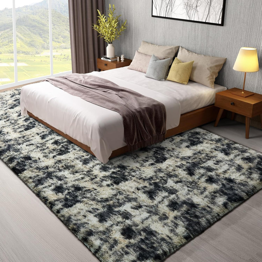Ophanie Area Rugs - Black Gold & Grey Fluffy Shag Carpet for Living Room | 8x10 Soft Plush Design