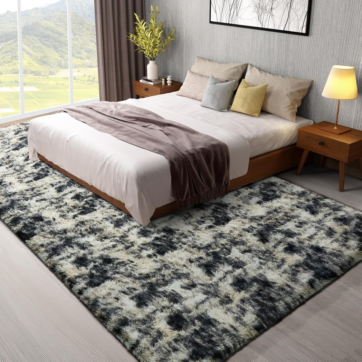 Ophanie Area Rugs - Black Gold & Grey Fluffy Shag Carpet for Living Room | 8x10 Soft Plush Design
