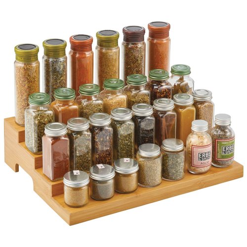 mDesign Bamboo Spice and Food Kitchen Cabinet Pantry Shelf Organizer - 4-Tier Storage - Modern Compact Caddy Rack - Holds Spices/Herb Bottles, Jars - for Shelves, Cupboards, Refrigerator - Clear