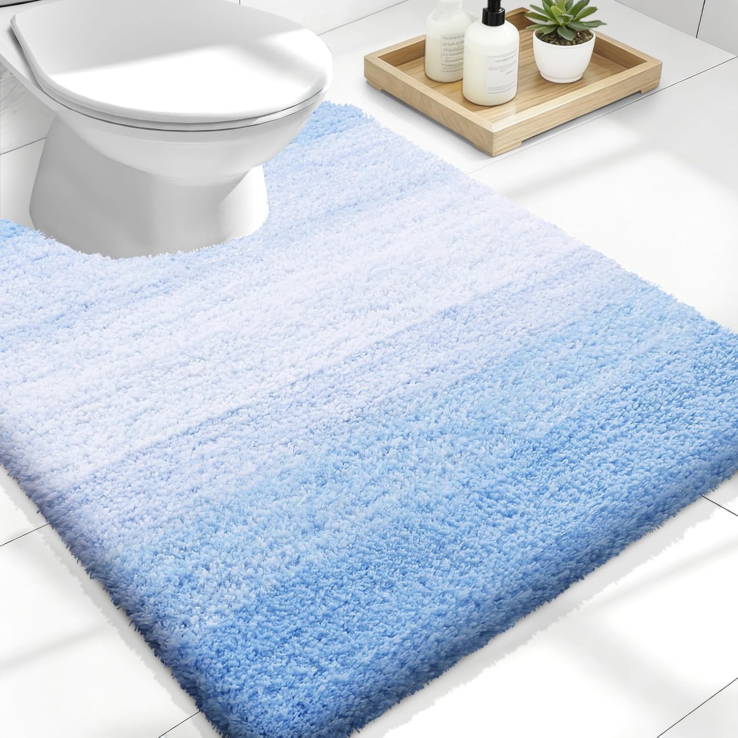 OLANLY Luxury Toilet Rugs - Extra Soft Microfiber U-Shaped Bath Mat 24x20 | Non-Slip Light Blue