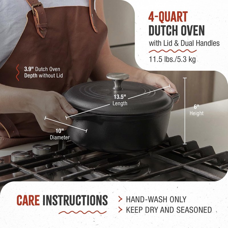 Victoria 4-Quart Cast Iron Dutch Oven with Lid and Dual Loop Handles, Seasoned with Flaxseed Oil, Made in Colombia