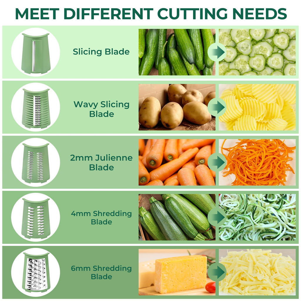 SUSTEAS Rotary Cheese Grater with Handle,Vegetable Slicer with 6 Interchangeable Blades, Reinforced Suction,Easy to Clean,Kitchen Chopper for Crushed Ice,Fruits and Nuts with Blade Storage Case,Green