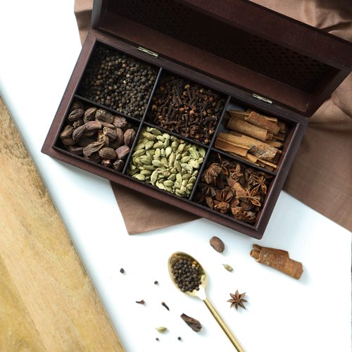 Octavius Wooden Spice Box | Assortment of 6 Spices - Clove/Cinnamon/Cardamom/Black Pepper/Star Anise/Black Cardamom | Wooden Masala Box | Pack of 1 w/ 6 Spices (300gm each)