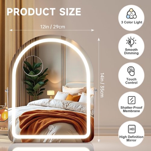 MINISO Vanity Mirror with Lights-12" x 14" Arched Makeup Mirror with 3 Color Lights, Adjustable Brightness,10X Magnification