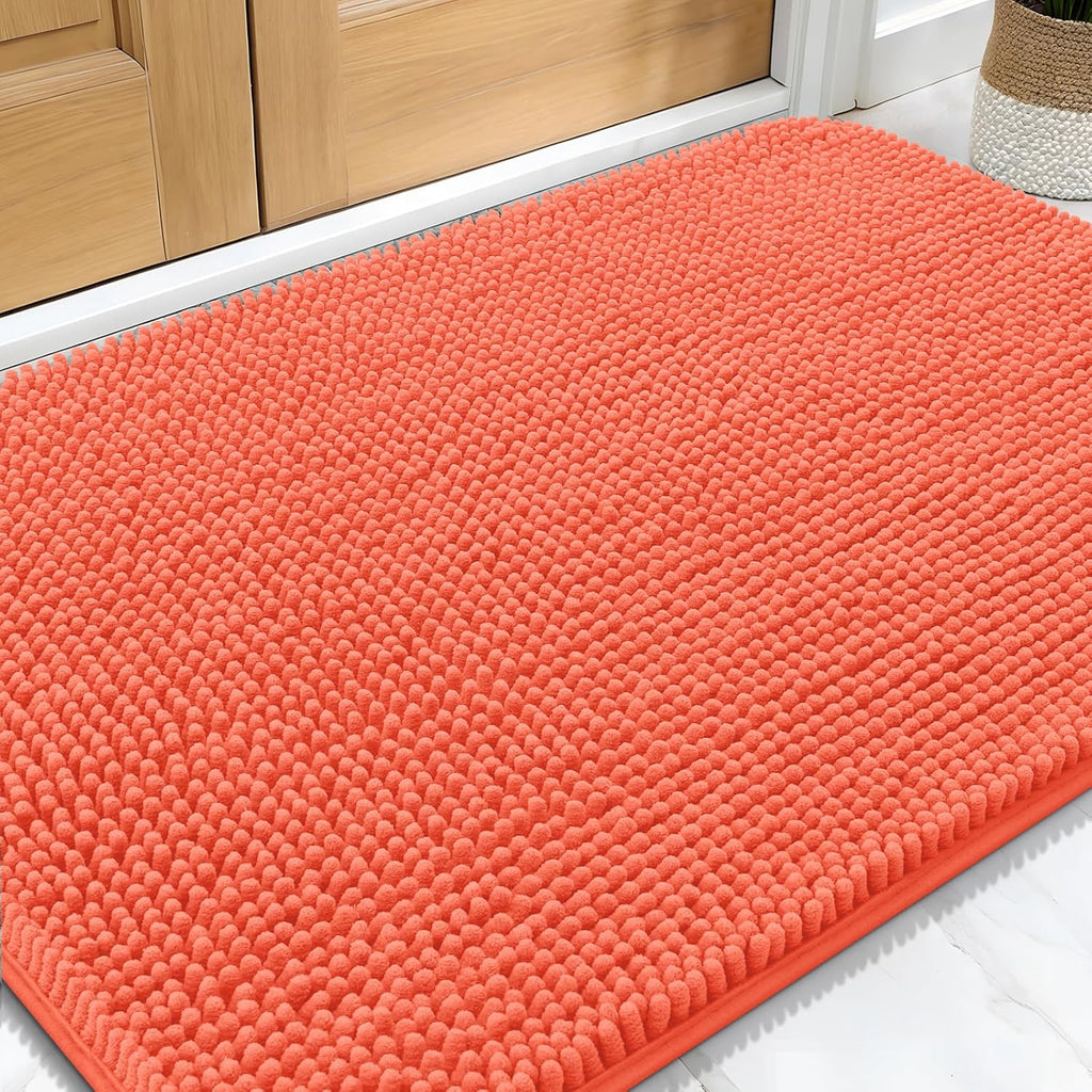 OLANLY Dog Door Mat - Absorbent Non-Slip Chenille Mat for Muddy Paws | 34x21 Coral Indoor Carpet