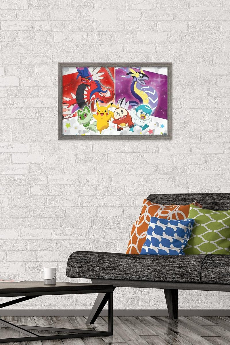 Trends International Pokémon - Group Sparkle Wall Poster, 22.4L x 14.7W, Gray Framed Version