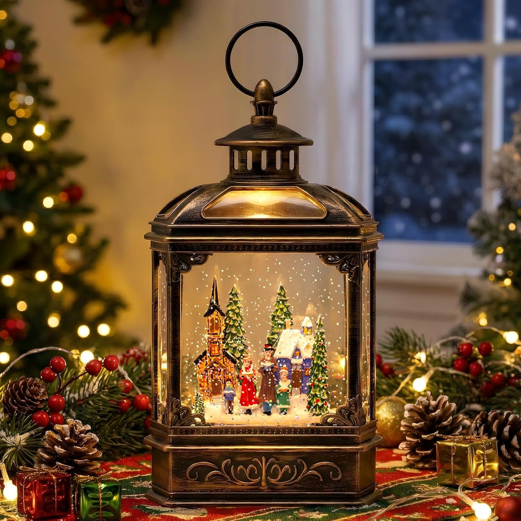VISFLAIR Musical Snow Globe Lantern | Lighted Church Carolers Christmas Decoration - Battery or USB Powered