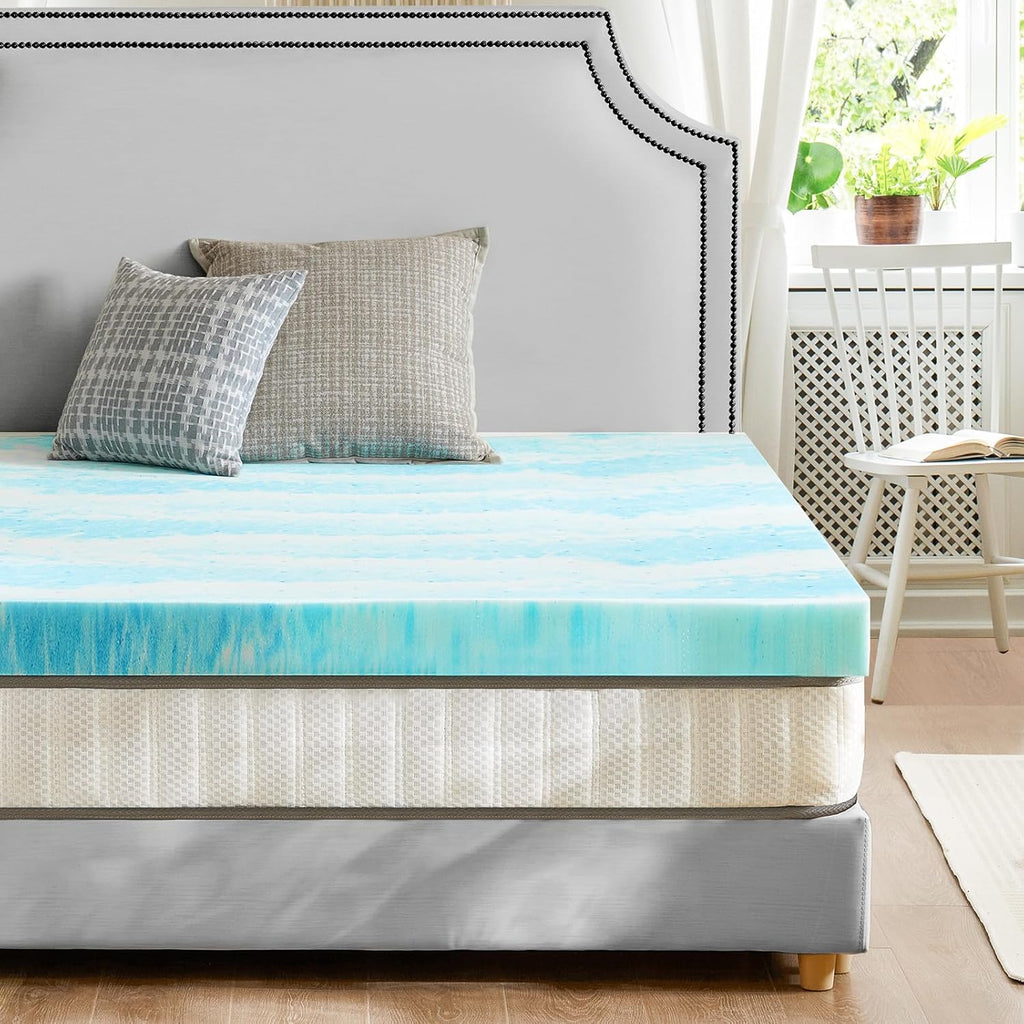 Sweetcrispy Mattress Topper - Cooling Gel Infused Memory Foam | 2 Inch Thick for Queen Size Bed, Blue