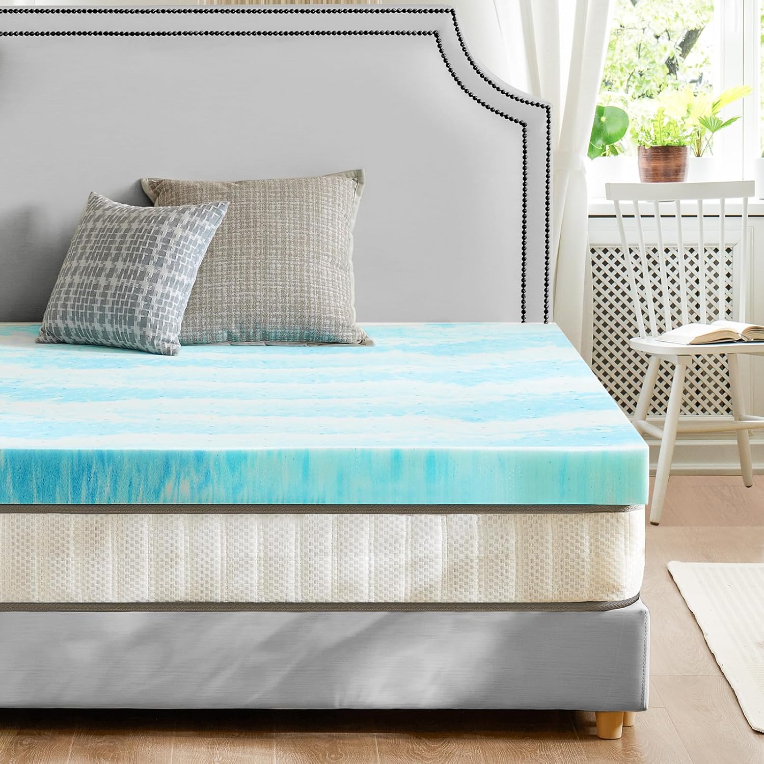 Sweetcrispy Mattress Topper - Cooling Gel Infused Memory Foam | 2 Inch Thick for Queen Size Bed, Blue