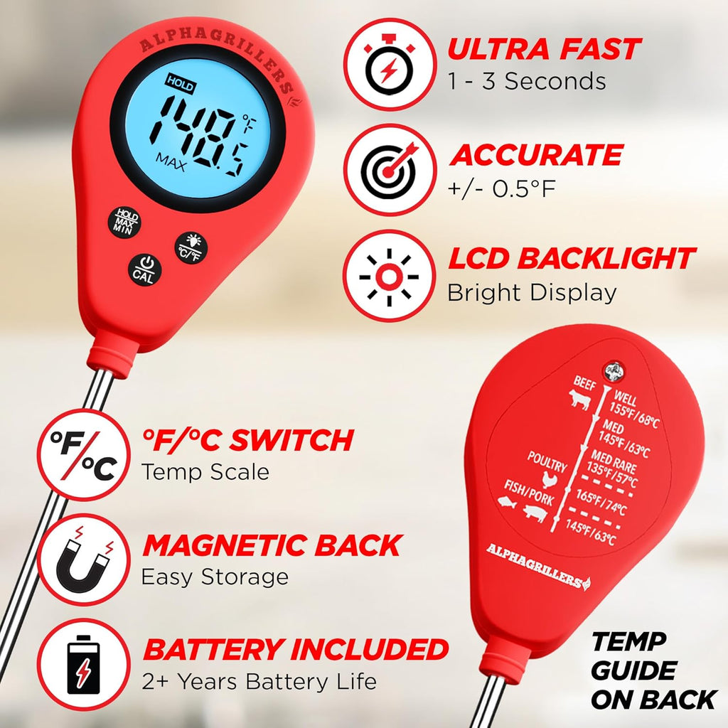 Alpha Grillers Instant Read Meat Thermometer - Digital Cooking Thermometer for Perfectly Cooked Meat | Fast Probe Design
