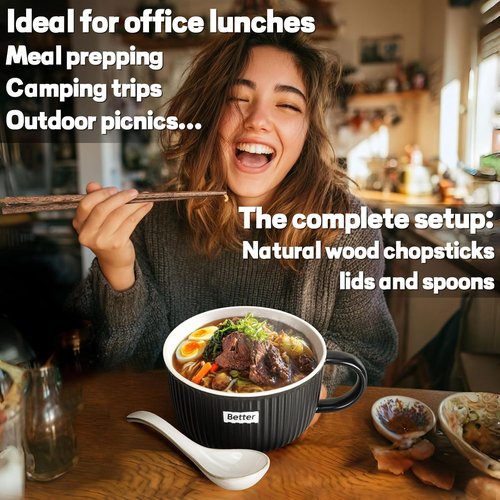 Artena 38 oz Soup Bowls - Large Microwave Safe Ceramic Ramen Bowls with Handles, Lids & Spoons | Black, 6 Inch