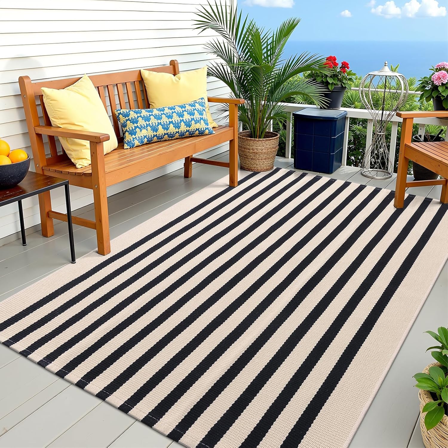 OLANLY Striped Rug - Washable Beige and Black Cotton Doormat 4' x 6' for Indoor/Outdoor Use