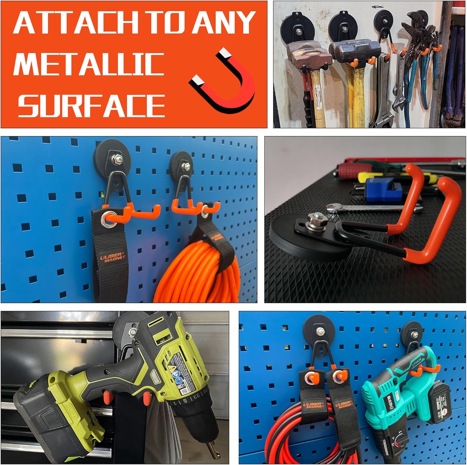 ULIBERMAGNET Heavy Duty Magnetic Garage Hooks - 6 Pack Strong Magnet Hooks for Tools & Storage (Orange)