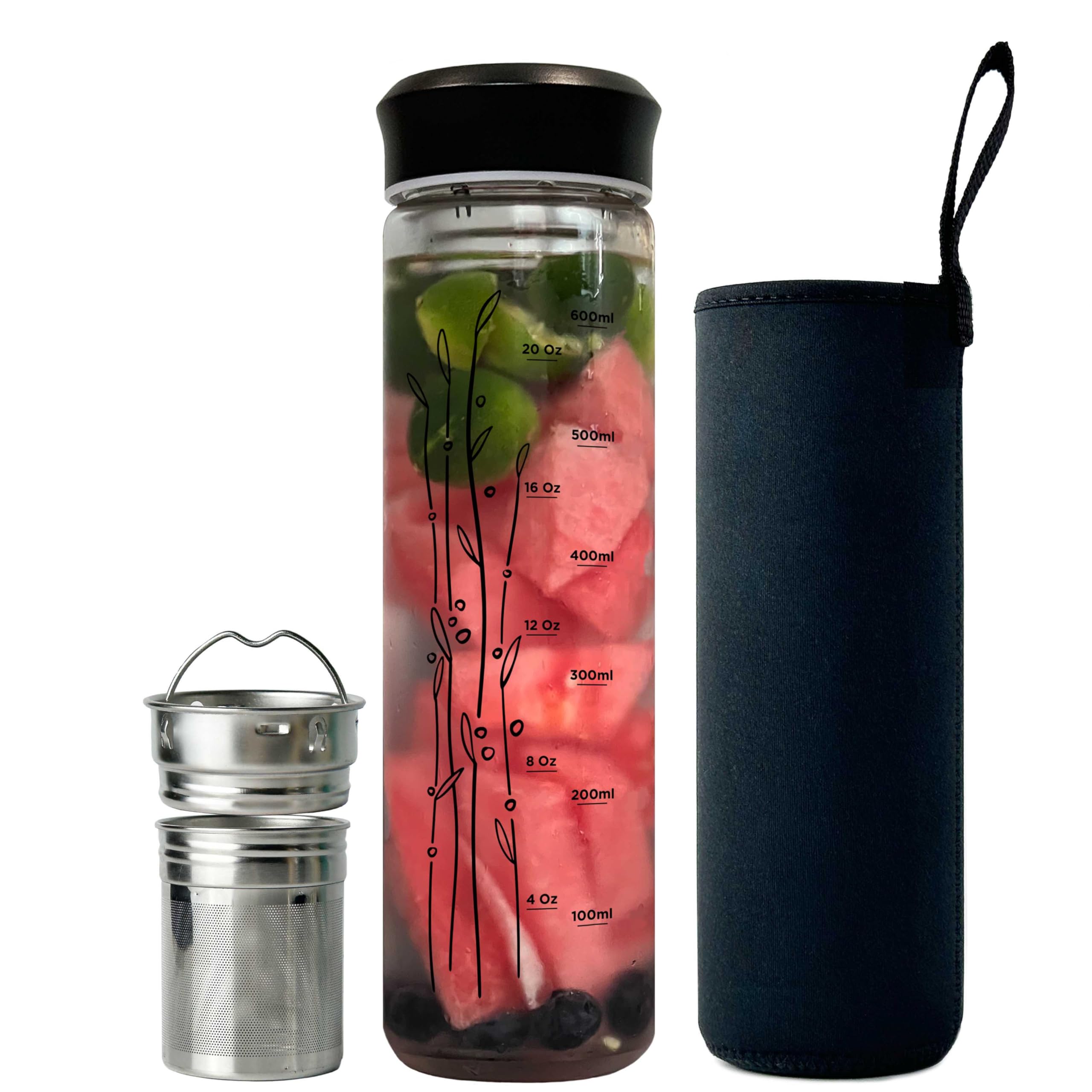 drinmoaer 23 oz Glass Water Bottle with Tea Infuser Strainer and Black Stainless Steel Lid - Tea Infuser Bottle