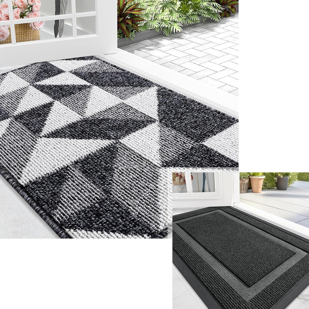 OLANLY Indoor/Outdoor Door Mat Set - Black Geometric Design | 2 Pieces (29.5x17 in & 32x20 in)