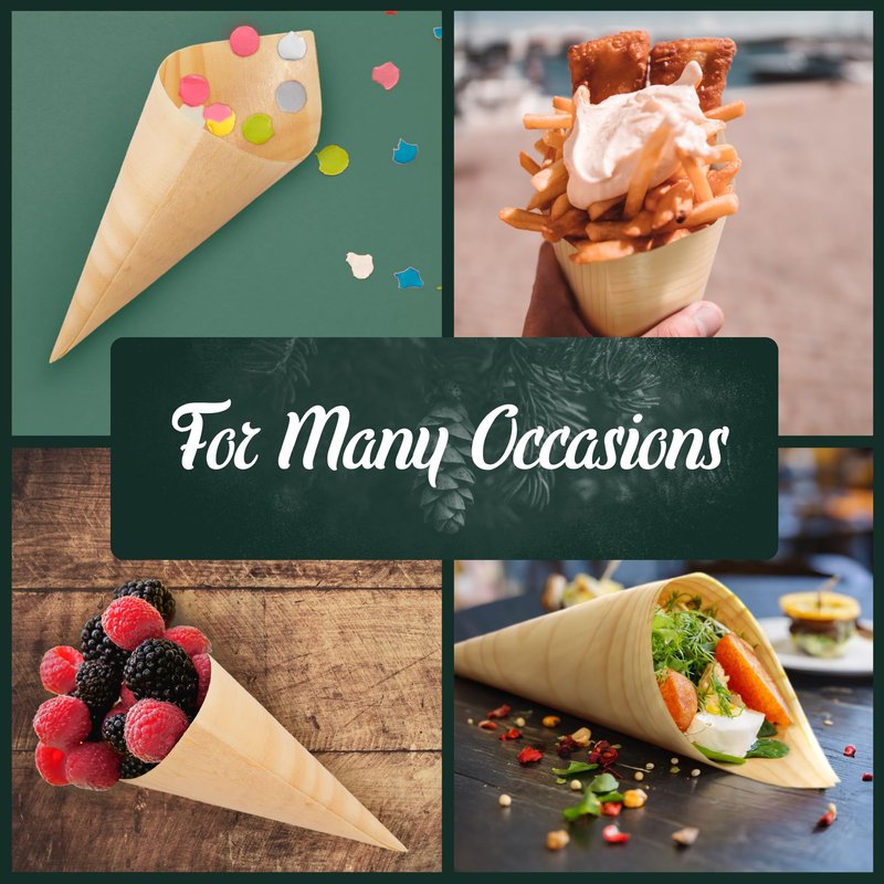 BambooMN - Disposable Food and Appetizer Wood Cones - 7.9" x 3" - 100 Pieces