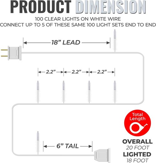 612 Vermont Clear Christmas Lights - 100 Bulbs on White Wire, UL Approved for Indoor/Outdoor Use, 18ft Length
