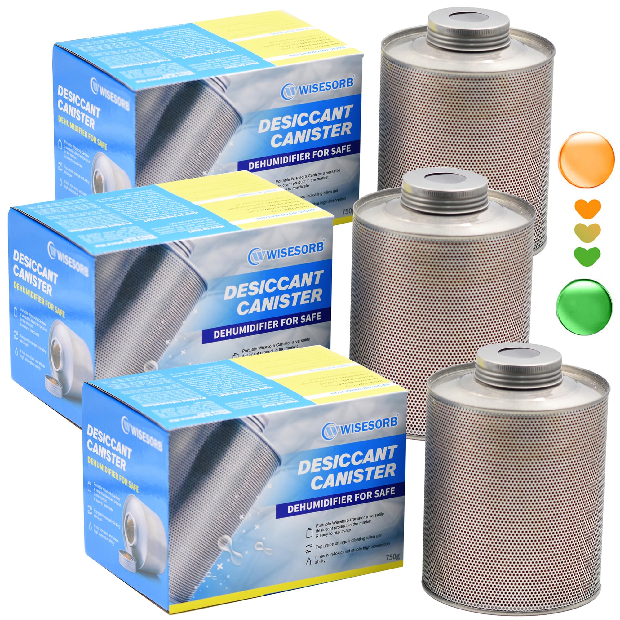 Wisesorb 750 Grams 3 Pack Gun Safe Dehumidifier, Reusable Canister Desiccant Dehumidifier, Rechargeable 1.65 Lbs Indicating Silica Gel Orange To Green, Pack of 3