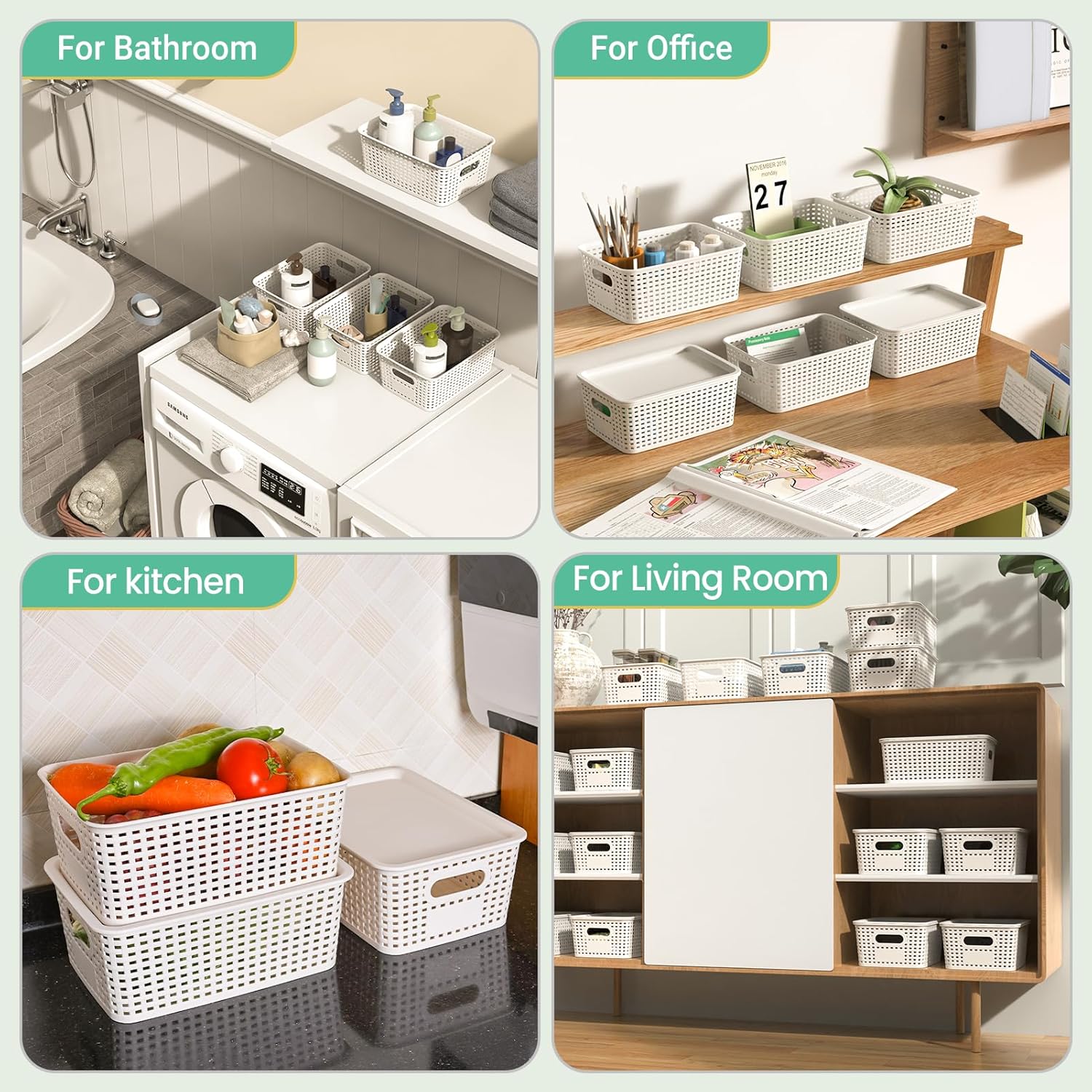 Plastic Storage Baskets with Lid - Stackable Organizing Bins for Home & Office | 8 Pack, White, 10.2x7.2x4.1 Inch