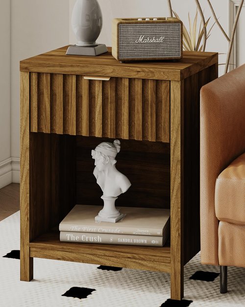 Veegle Nightstand,Farmhouse Night Stand with Storage Drawer and Open Wood Shelf,Walnut Brown